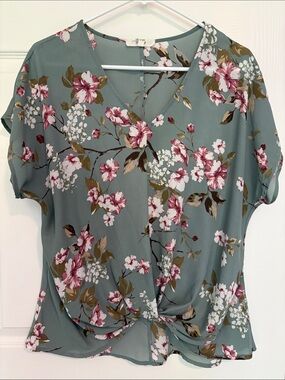 Twist-Front Floral V-Neck Blouse in Sage Green